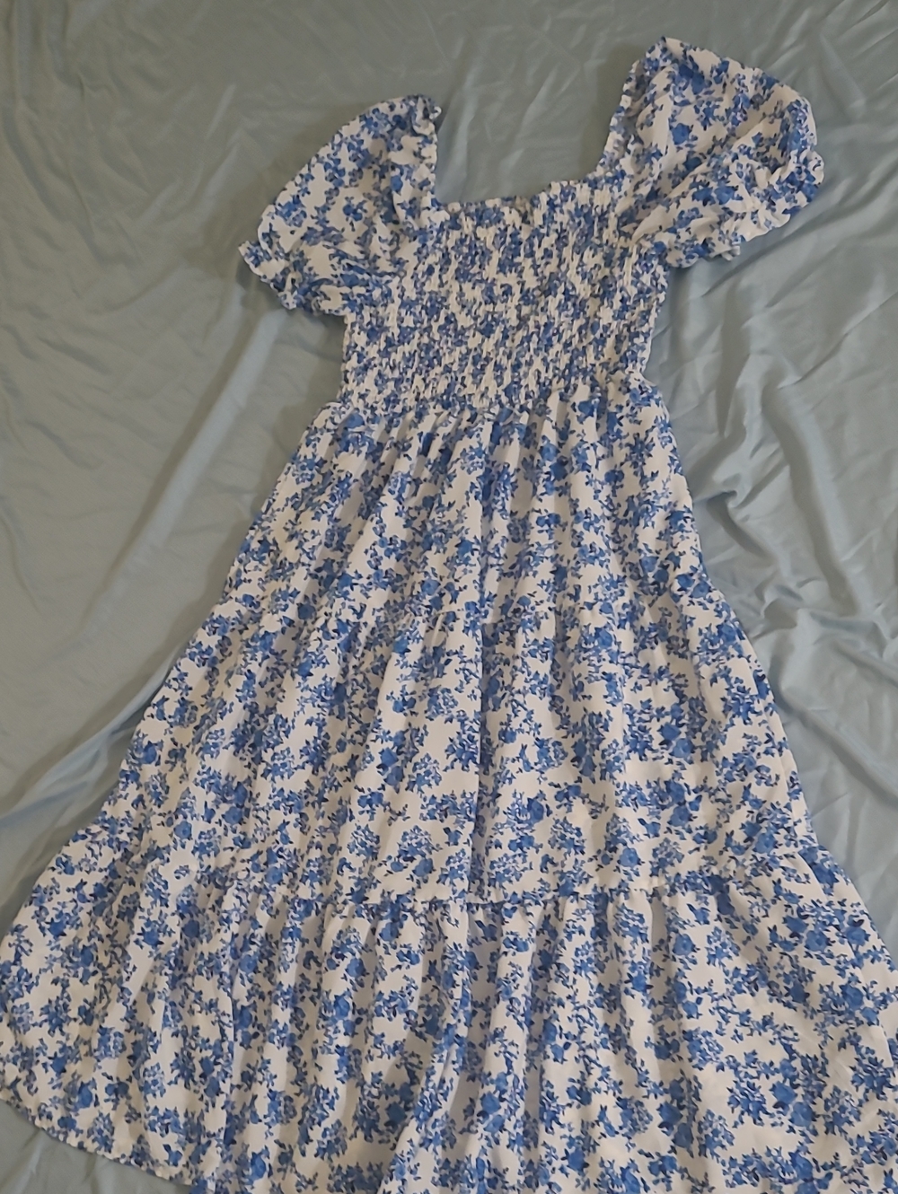 Smocked Puff-Sleeve Floral Maxi Dress for Women - Blue & White